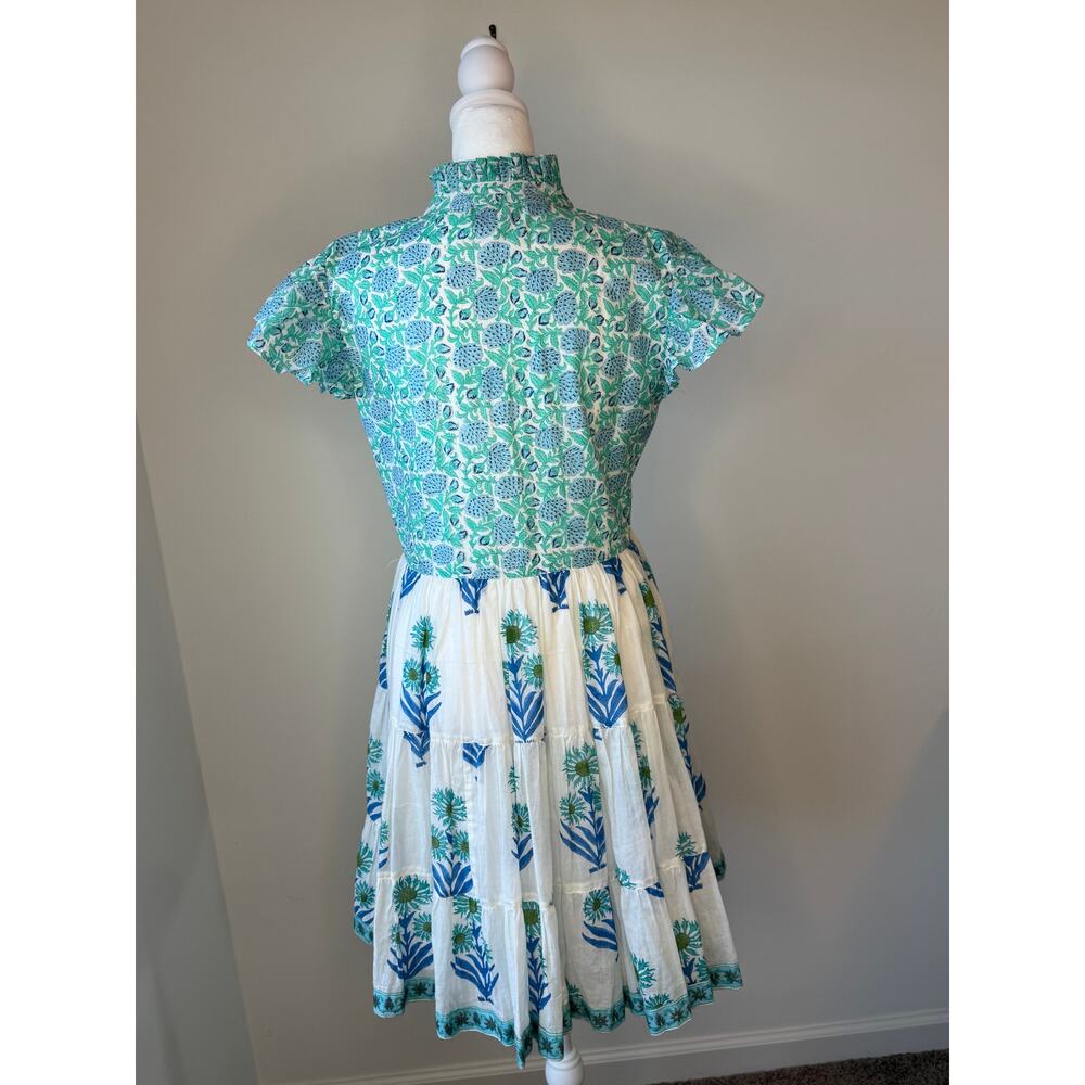 Lilbelle Blue Green Floral Block Print Tiered Mini Dress - Picture 2 of 2